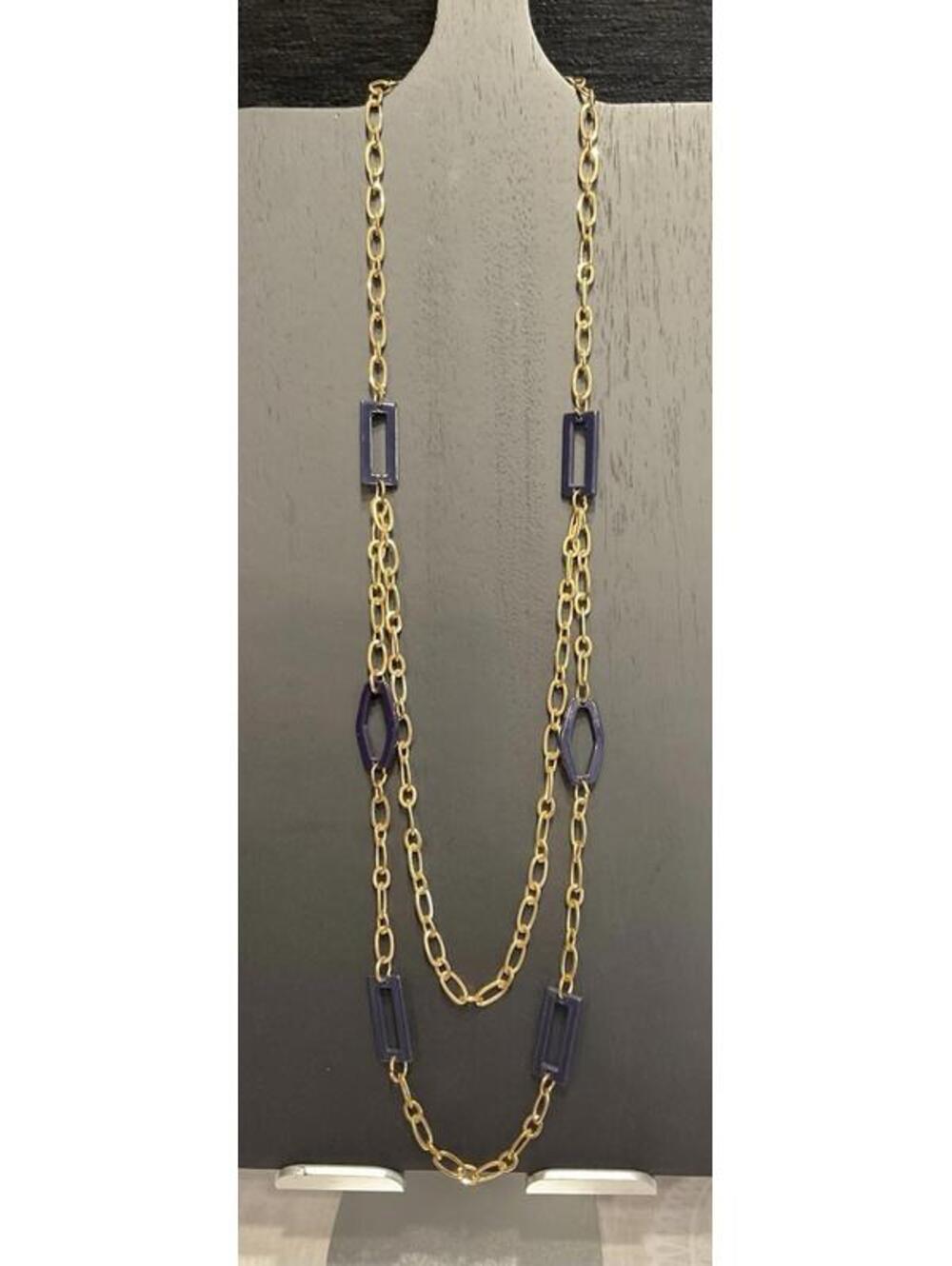 2 Layer Gold Tone Chain And Square Blue Bead Necklace # 386